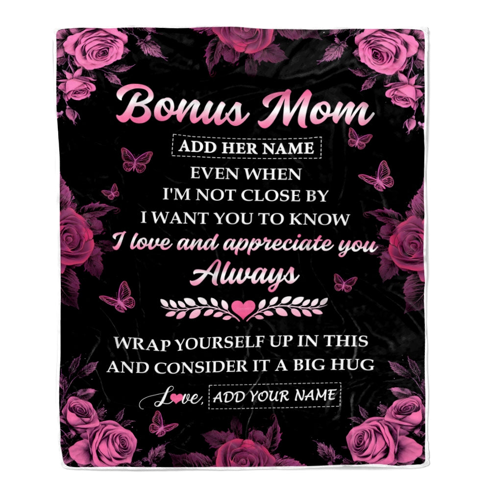 Personalized To My Bonus Mom Gifts From Step Son Daughter Blanket Rose Floral It A Big Hug Birthday Gift Idea For Stepmom Gifts Christmas Custom Fleece Blanket | siriusteestore