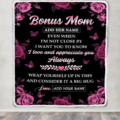 Personalized To My Bonus Mom Gifts From Step Son Daughter Blanket Rose Floral It A Big Hug Birthday Gift Idea For Stepmom Gifts Christmas Custom Fleece Blanket | siriusteestore