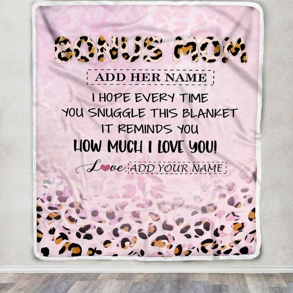 Personalized To My Bonus Mom Gifts From Stepdaughter Blanket Pink Leopard Happy Birthday Gifts For Stepmom Mothers Day Christmas Customized Fleece Blanket | siriusteestore