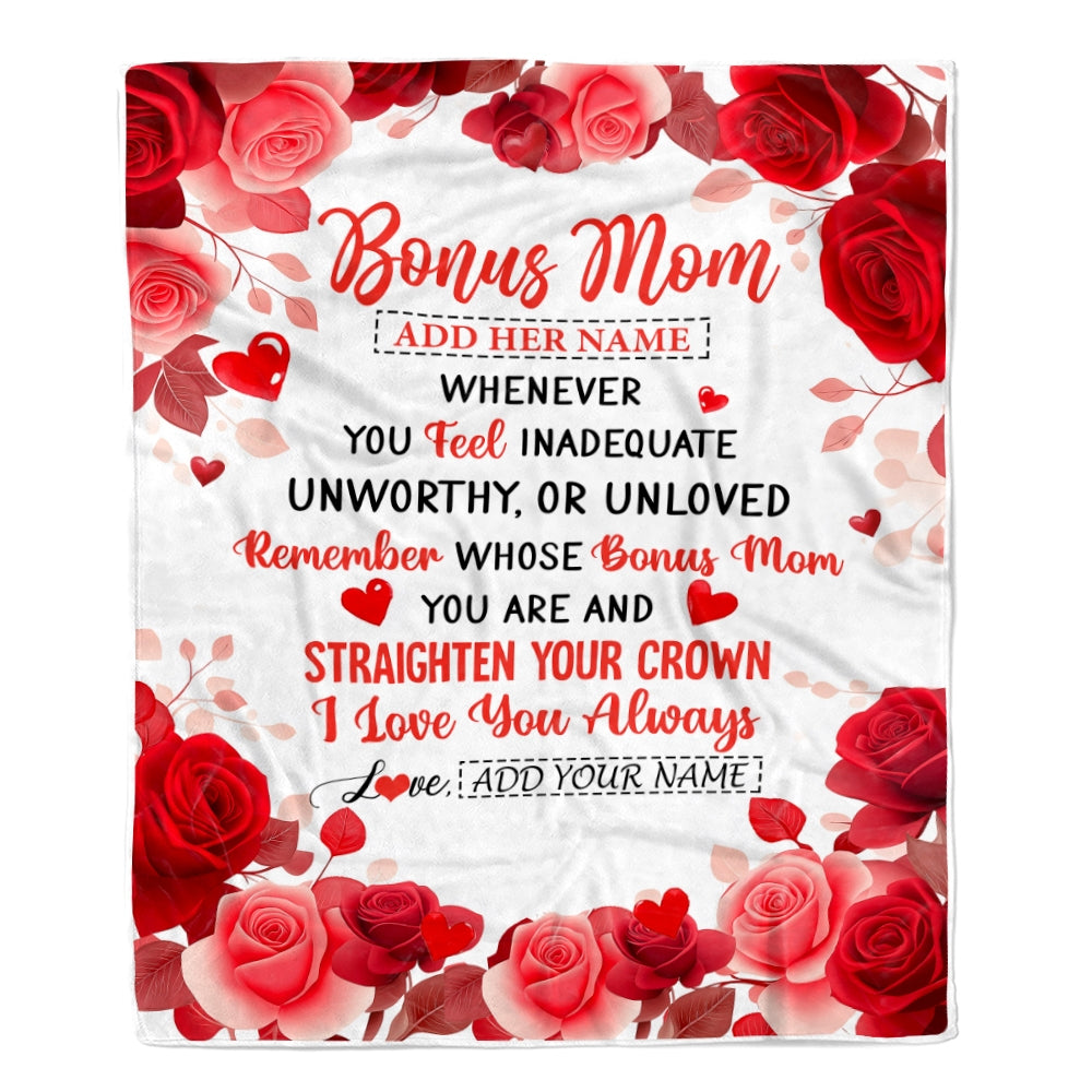 Personalized To My Bonus Mom Gifts From Stepdaughter Blanket Rose Flower Anniversary Birthday Gifts Stepmom Mothers Day Thanksgiving Christmas Fleece Blanket | siriusteestore