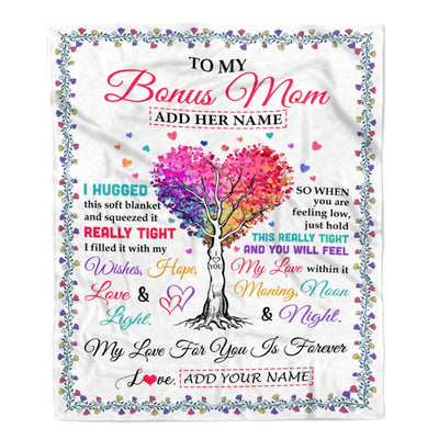 Personalized To My Bonus Mom Gifts From Stepdaughter Hugged Blanket Birthday Gifts For Stepmom Mothers Day Thanksgiving Christmas Customized Fleece Blanket | siriusteestore