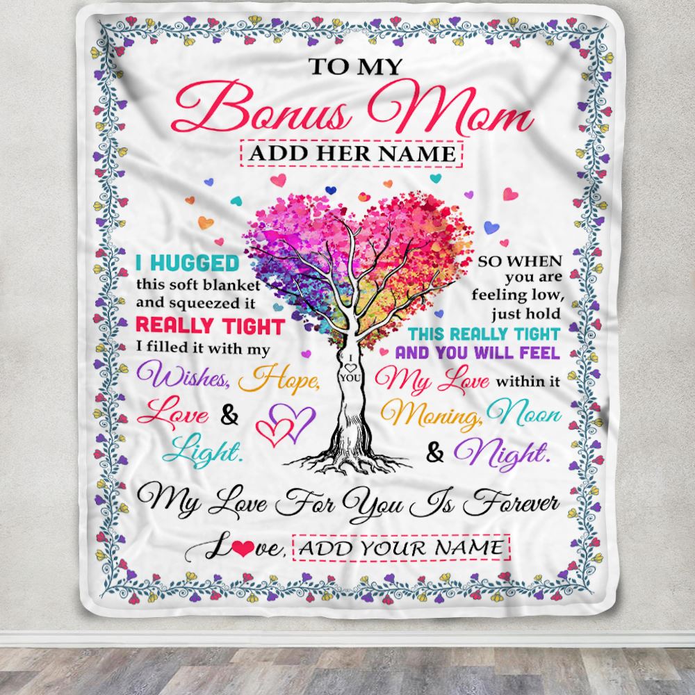 Personalized To My Bonus Mom Gifts From Stepdaughter Hugged Blanket Birthday Gifts For Stepmom Mothers Day Thanksgiving Christmas Customized Fleece Blanket | siriusteestore