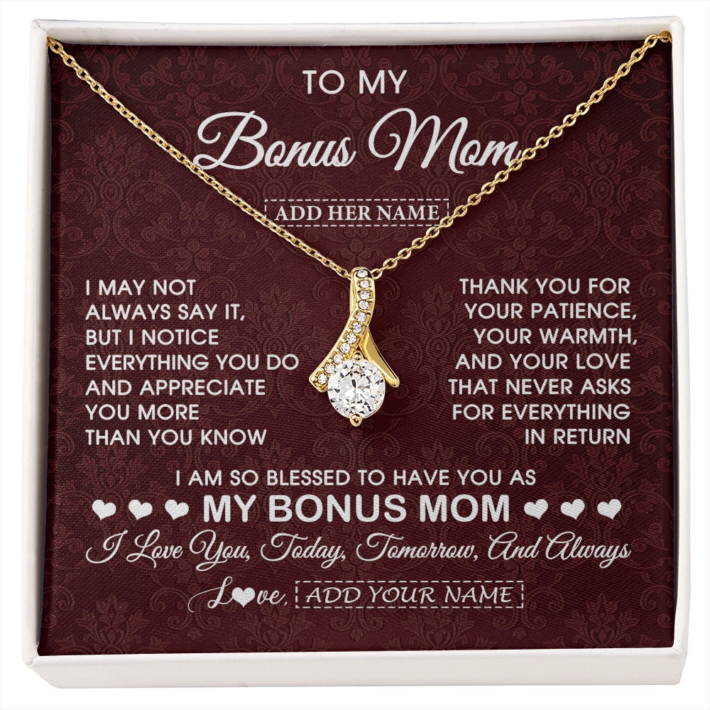 Alluring Beauty Necklace 18K Yellow Gold Finish | 1 | Personalized To My Bonus Mom Gifts From Stepdaughter Necklace Meaningful Jewelry Pendant Gifts For Stepmom Mothers Day Birthday Christmas Gift Box Message Card | https://siriusteestore.