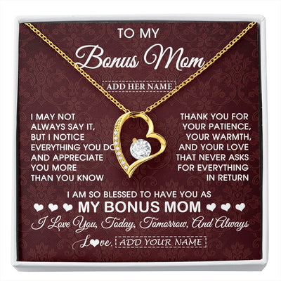 Forever Love Necklace 18K Yellow Gold Finish | 1 | Personalized To My Bonus Mom Gifts From Stepdaughter Necklace Meaningful Jewelry Pendant Gifts For Stepmom Mothers Day Birthday Christmas Gift Box Message Card | https://siriusteestore.