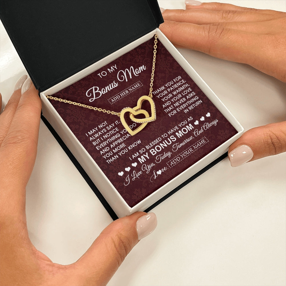 Interlocking Hearts Necklace 18K Yellow Gold Finish | 2 | Personalized To My Bonus Mom Gifts From Stepdaughter Necklace Meaningful Jewelry Pendant Gifts For Stepmom Mothers Day Birthday Christmas Gift Box Message Card | https://siriusteestore.