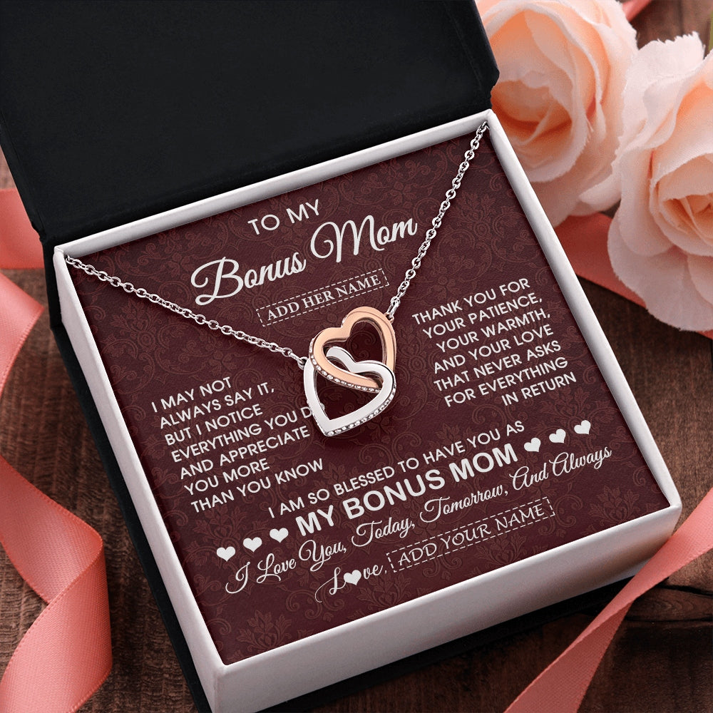 Interlocking Hearts Necklace Stainless Steel & Rose Gold Finish | 2 | Personalized To My Bonus Mom Gifts From Stepdaughter Necklace Meaningful Jewelry Pendant Gifts For Stepmom Mothers Day Birthday Christmas Gift Box Message Card | https://siriusteestore.