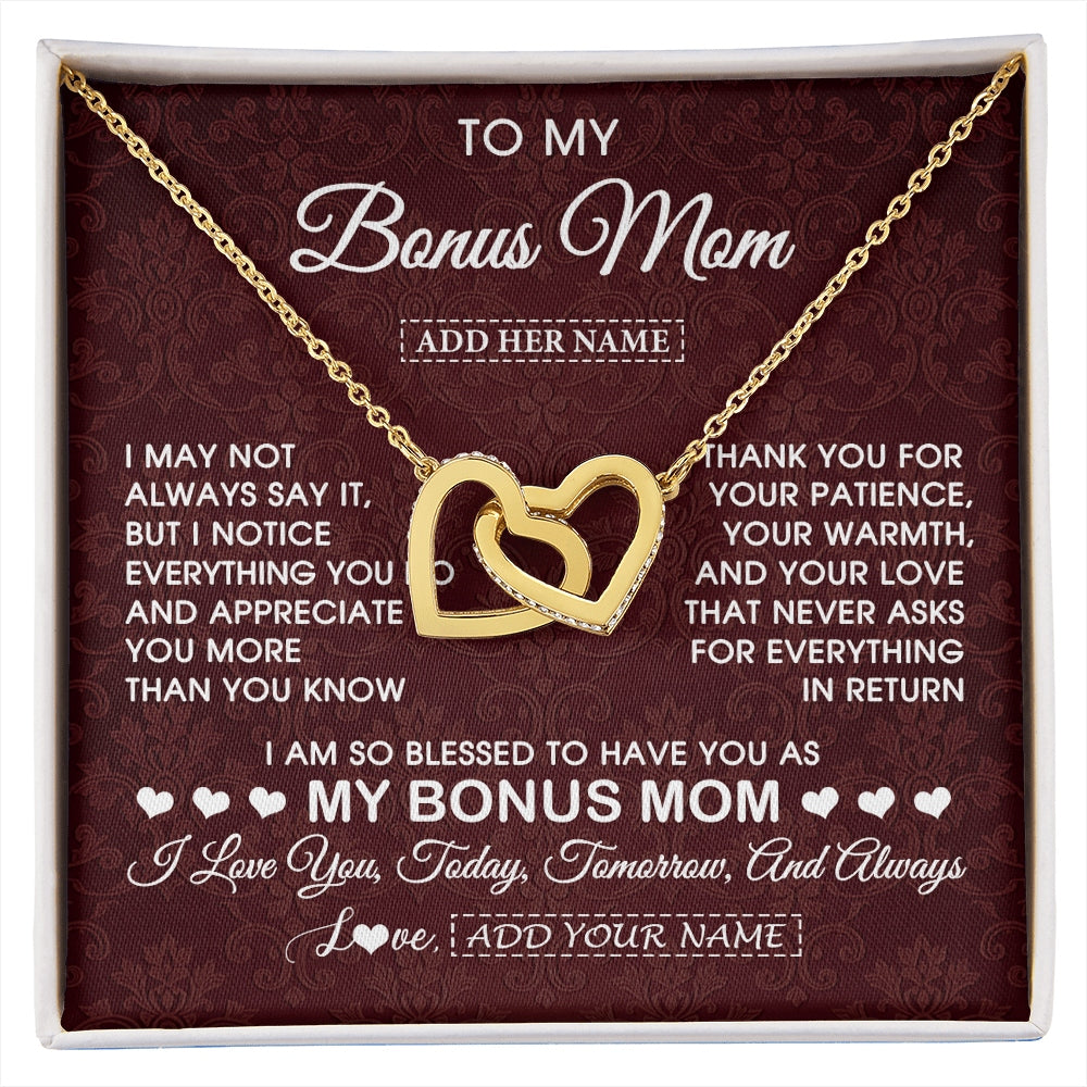 Interlocking Hearts Necklace 18K Yellow Gold Finish | 1 | Personalized To My Bonus Mom Gifts From Stepdaughter Necklace Meaningful Jewelry Pendant Gifts For Stepmom Mothers Day Birthday Christmas Gift Box Message Card | https://siriusteestore.