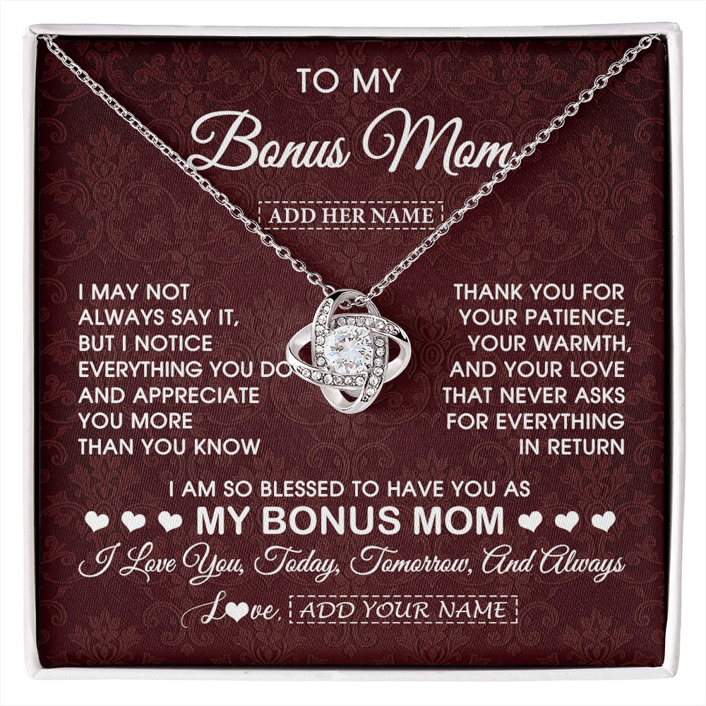 Love Knot Necklace 14K White Gold Finish | 1 | Personalized To My Bonus Mom Gifts From Stepdaughter Necklace Meaningful Jewelry Pendant Gifts For Stepmom Mothers Day Birthday Christmas Gift Box Message Card | https://siriusteestore.
