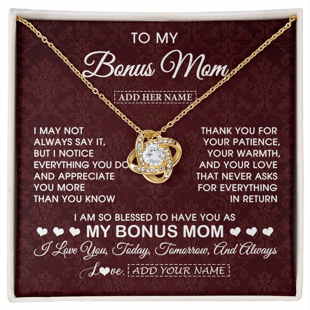 Love Knot Necklace 18K Yellow Gold Finish | 1 | Personalized To My Bonus Mom Gifts From Stepdaughter Necklace Meaningful Jewelry Pendant Gifts For Stepmom Mothers Day Birthday Christmas Gift Box Message Card | https://siriusteestore.