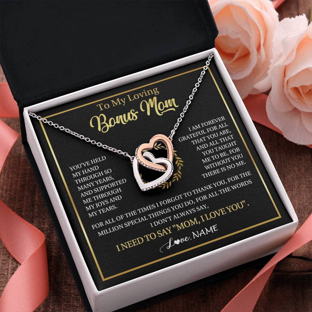 Interlocking Hearts Necklace Stainless Steel & Rose Gold Finish | 2 | Personalized To My Bonus Mom Gifts Necklace From Stepdaughter Stepson Grateful Thank You Stepmom Birthday Gifts Mothers Day Christmas Gift Box Message Card | siriusteestore
