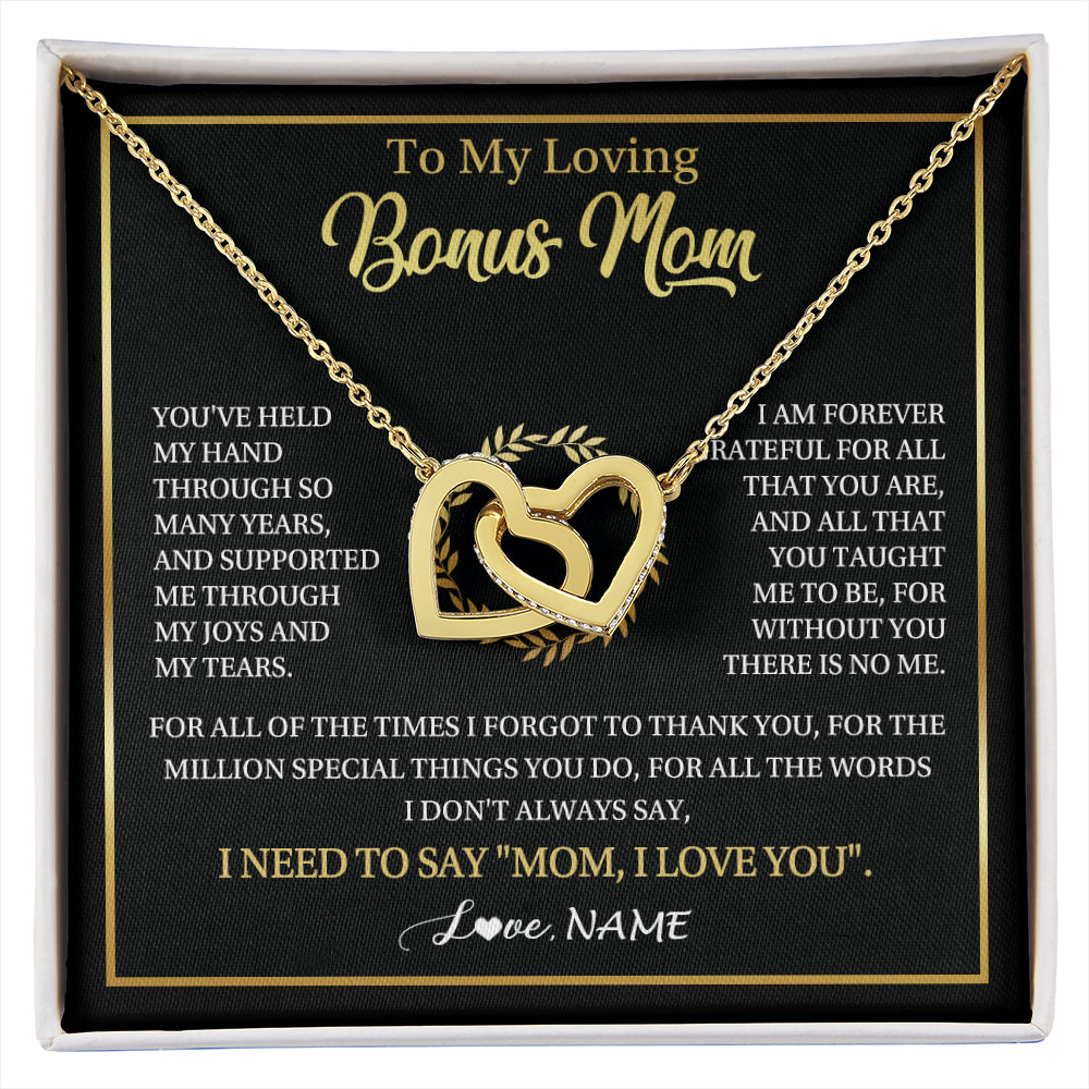 Interlocking Hearts Necklace 18K Yellow Gold Finish | 1 | Personalized To My Bonus Mom Gifts Necklace From Stepdaughter Stepson Grateful Thank You Stepmom Birthday Gifts Mothers Day Christmas Gift Box Message Card | siriusteestore