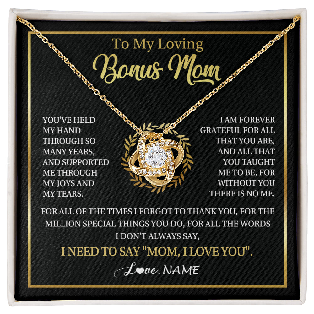 Love Knot Necklace 18K Yellow Gold Finish | 1 | Personalized To My Bonus Mom Gifts Necklace From Stepdaughter Stepson Grateful Thank You Stepmom Birthday Gifts Mothers Day Christmas Gift Box Message Card | siriusteestore