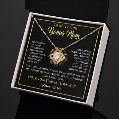 Love Knot Necklace 18K Yellow Gold Finish | 2 | Personalized To My Bonus Mom Gifts Necklace From Stepdaughter Stepson Grateful Thank You Stepmom Birthday Gifts Mothers Day Christmas Gift Box Message Card | siriusteestore