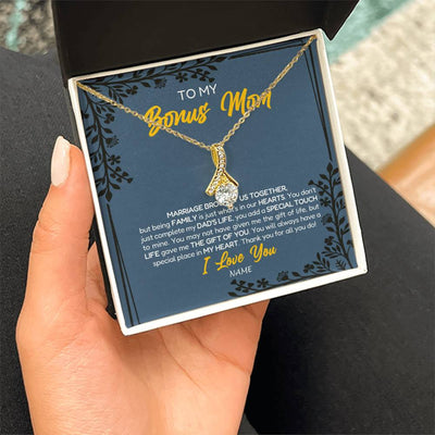Alluring Beauty Necklace 18K Yellow Gold Finish | Personalized To My Bonus Mom Necklace From Daughter Stepmom Jewelry Birthday Mothers Day Christmas Customized Box Message Card | siriusteestore