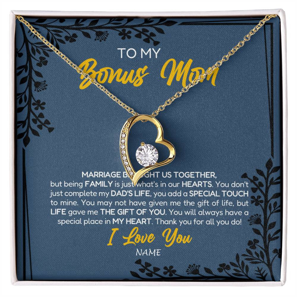 Forever Love Necklace 18K Yellow Gold Finish | Personalized To My Bonus Mom Necklace From Daughter Stepmom Jewelry Birthday Mothers Day Christmas Customized Box Message Card | siriusteestore