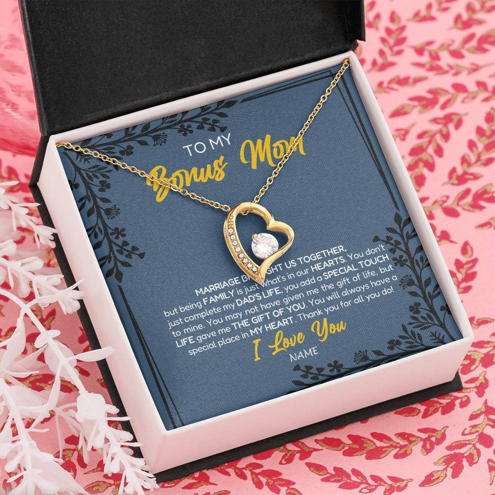Forever Love Necklace 18K Yellow Gold Finish | Personalized To My Bonus Mom Necklace From Daughter Stepmom Jewelry Birthday Mothers Day Christmas Customized Box Message Card | siriusteestore