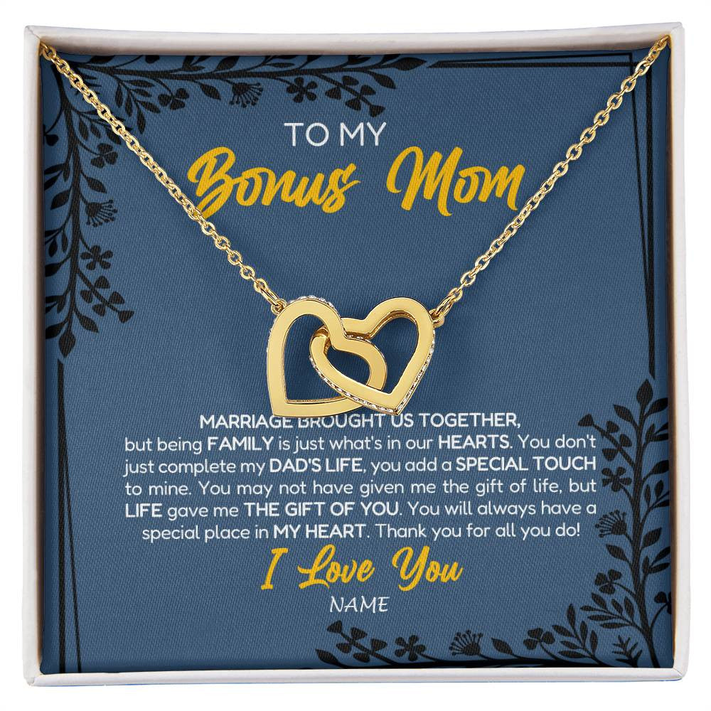 Interlocking Hearts Necklace 18K Yellow Gold Finish | Personalized To My Bonus Mom Necklace From Daughter Stepmom Jewelry Birthday Mothers Day Christmas Customized Box Message Card | siriusteestore