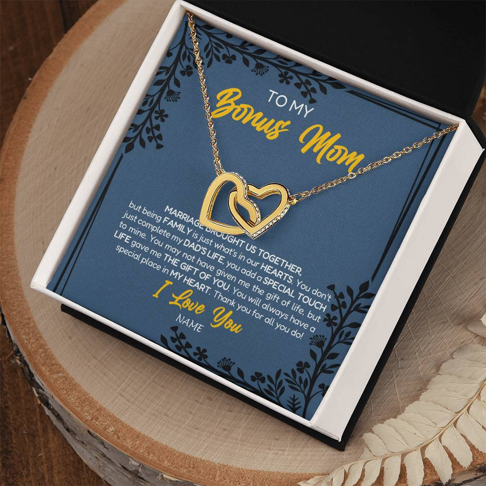 Interlocking Hearts Necklace 18K Yellow Gold Finish | Personalized To My Bonus Mom Necklace From Daughter Stepmom Jewelry Birthday Mothers Day Christmas Customized Box Message Card | siriusteestore