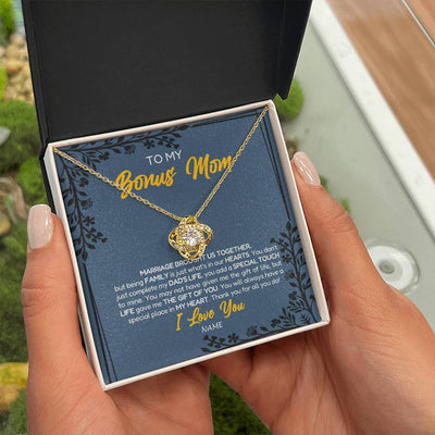 Love Knot Necklace 18K Yellow Gold Finish | Personalized To My Bonus Mom Necklace From Daughter Stepmom Jewelry Birthday Mothers Day Christmas Customized Box Message Card | siriusteestore