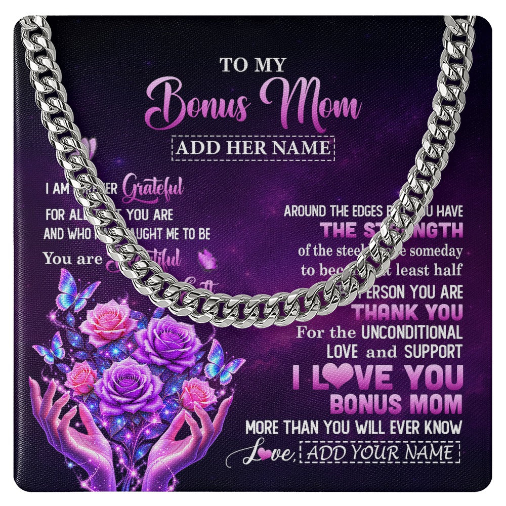Cuban Link Chain Necklace Stainless Steel | 1 | Personalized To My Bonus Mom Necklace From Daughter Thank You For Love Butterfly Stepmom Birthday Mothers Day Christmas Custom Gift Box Message Card | https://siriusteestore.