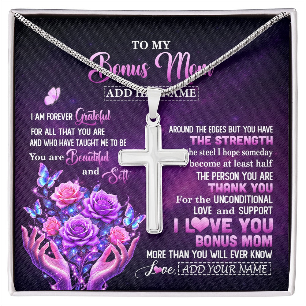 Stainless Cross Necklace Stainless Steel | 1 | Personalized To My Bonus Mom Necklace From Daughter Thank You For Love Butterfly Stepmom Birthday Mothers Day Christmas Custom Gift Box Message Card | https://siriusteestore.