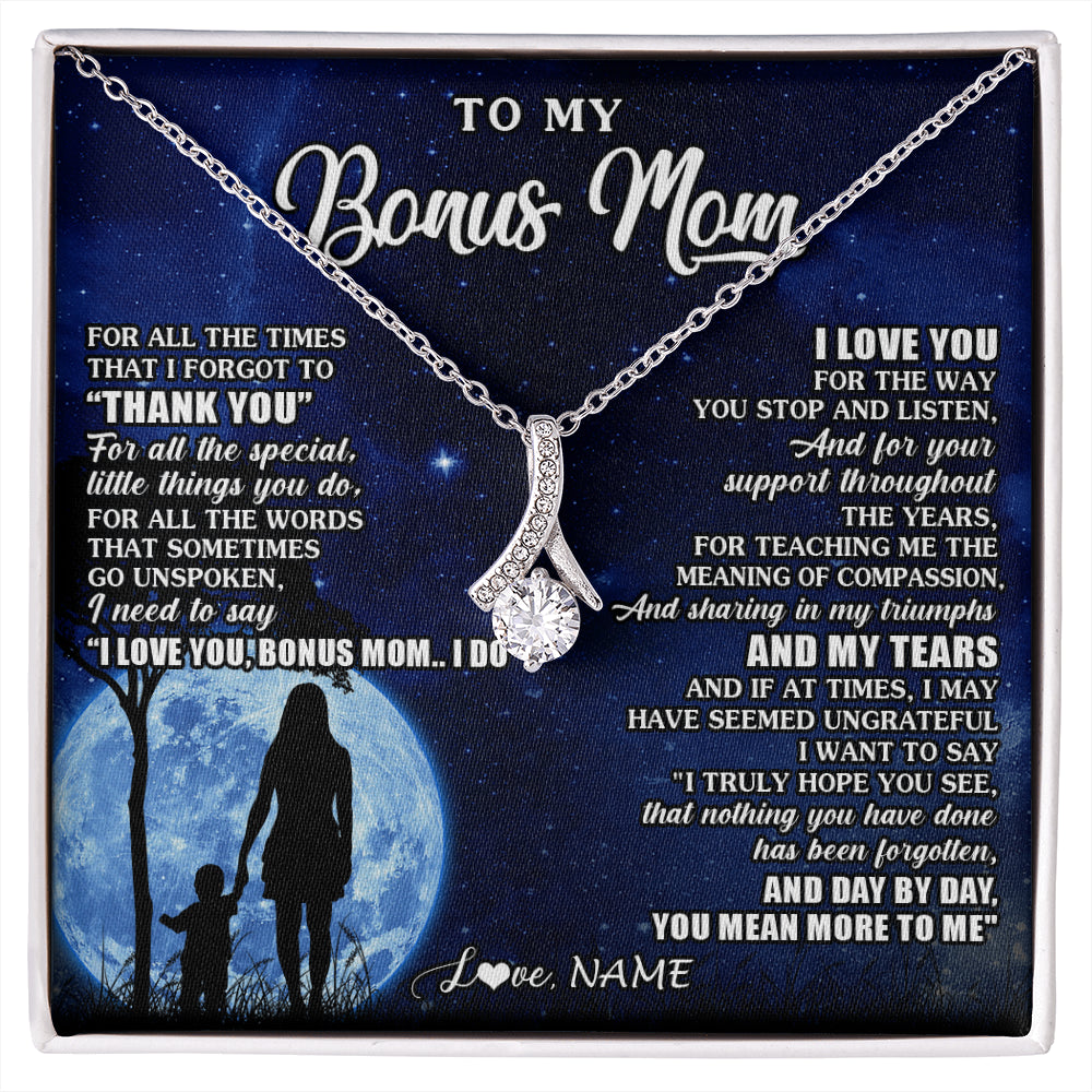 Alluring Beauty Necklace 14K White Gold Finish | 1 | Personalized To My Bonus Mom Necklace From Step Daughter Son Thank You Grateful Love Stepmom Birthday Mothers Day Christmas Customized Gift Box Message Card | siriusteestore