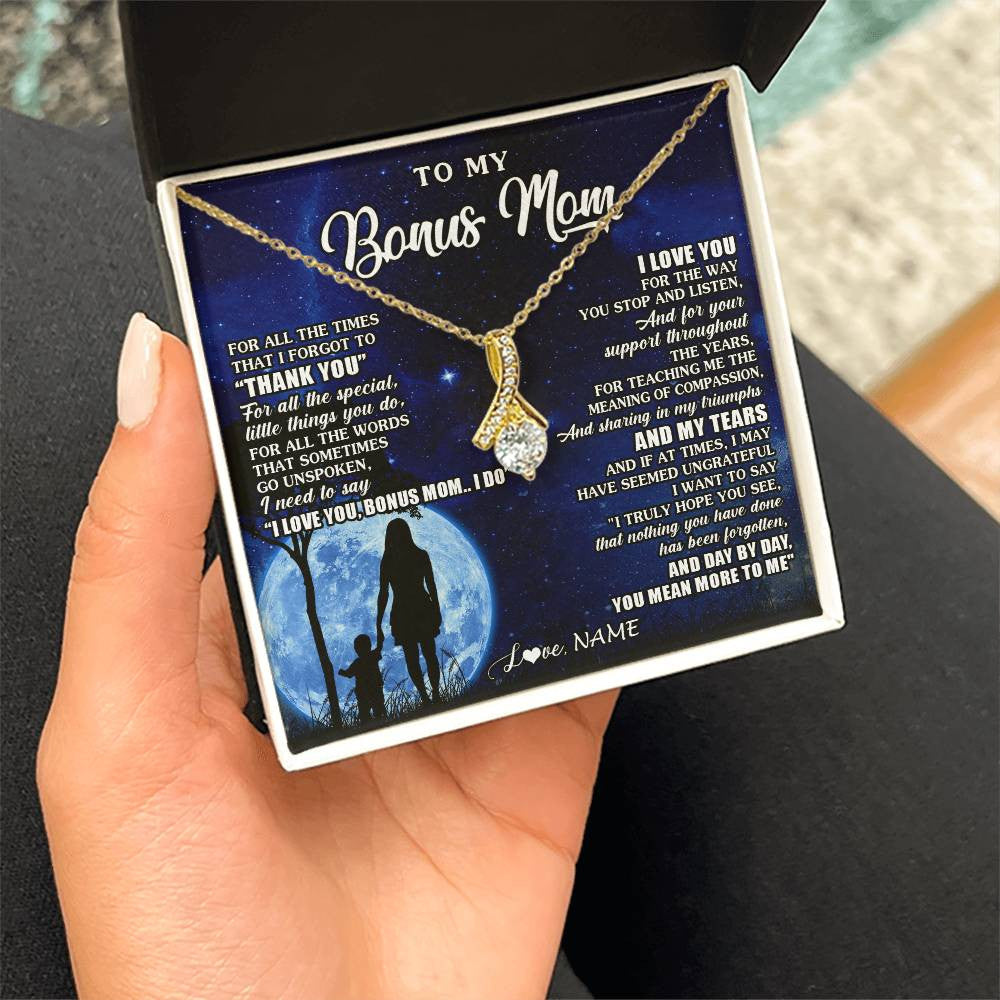 Alluring Beauty Necklace 18K Yellow Gold Finish | 2 | Personalized To My Bonus Mom Necklace From Step Daughter Son Thank You Grateful Love Stepmom Birthday Mothers Day Christmas Customized Gift Box Message Card | siriusteestore