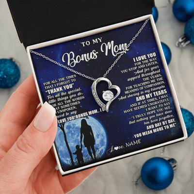 Forever Love Necklace 14K White Gold Finish | 2 | Personalized To My Bonus Mom Necklace From Step Daughter Son Thank You Grateful Love Stepmom Birthday Mothers Day Christmas Customized Gift Box Message Card | siriusteestore