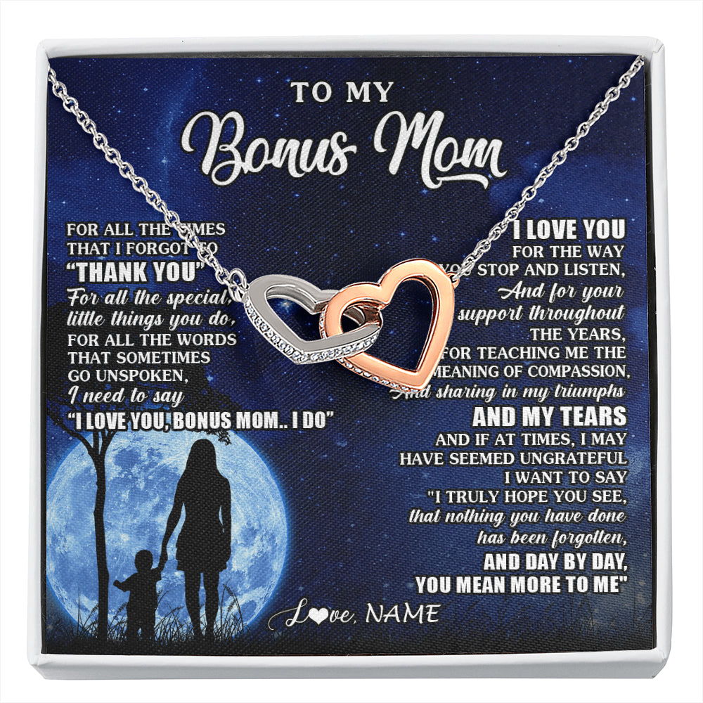 Interlocking Hearts Necklace Stainless Steel & Rose Gold Finish | 1 | Personalized To My Bonus Mom Necklace From Step Daughter Son Thank You Grateful Love Stepmom Birthday Mothers Day Christmas Customized Gift Box Message Card | siriusteestore