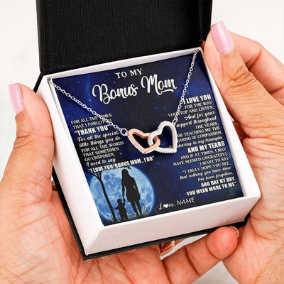 Interlocking Hearts Necklace Stainless Steel & Rose Gold Finish | 2 | Personalized To My Bonus Mom Necklace From Step Daughter Son Thank You Grateful Love Stepmom Birthday Mothers Day Christmas Customized Gift Box Message Card | siriusteestore