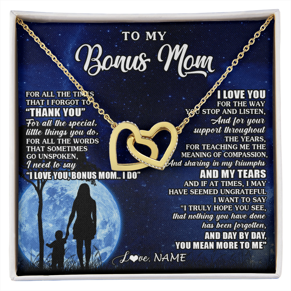 Interlocking Hearts Necklace 18K Yellow Gold Finish | 1 | Personalized To My Bonus Mom Necklace From Step Daughter Son Thank You Grateful Love Stepmom Birthday Mothers Day Christmas Customized Gift Box Message Card | siriusteestore