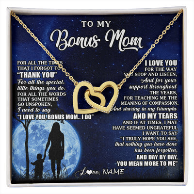 Interlocking Hearts Necklace 18K Yellow Gold Finish | 1 | Personalized To My Bonus Mom Necklace From Step Daughter Son Thank You Grateful Love Stepmom Birthday Mothers Day Christmas Customized Gift Box Message Card | siriusteestore