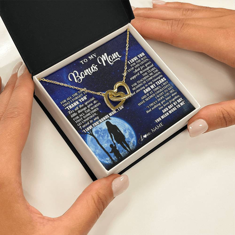 Interlocking Hearts Necklace 18K Yellow Gold Finish | 2 | Personalized To My Bonus Mom Necklace From Step Daughter Son Thank You Grateful Love Stepmom Birthday Mothers Day Christmas Customized Gift Box Message Card | siriusteestore