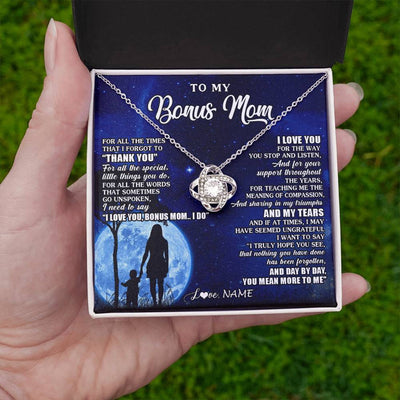 Love Knot Necklace 14K White Gold Finish | 2 | Personalized To My Bonus Mom Necklace From Step Daughter Son Thank You Grateful Love Stepmom Birthday Mothers Day Christmas Customized Gift Box Message Card | siriusteestore