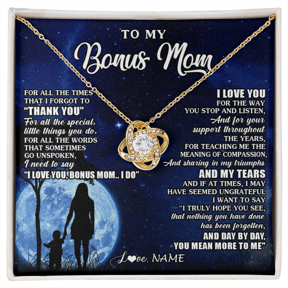 Love Knot Necklace 18K Yellow Gold Finish | 1 | Personalized To My Bonus Mom Necklace From Step Daughter Son Thank You Grateful Love Stepmom Birthday Mothers Day Christmas Customized Gift Box Message Card | siriusteestore