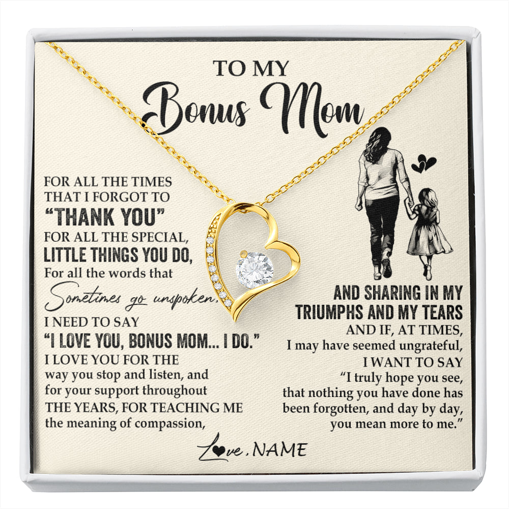 Forever Love Necklace 18K Yellow Gold Finish | 1 | Personalized To My Bonus Mom Necklace From Stepdaughter For All The Times That I Forgot To Thank You Birthday Mothers Day Customized Gift Box Message Card | siriusteestore