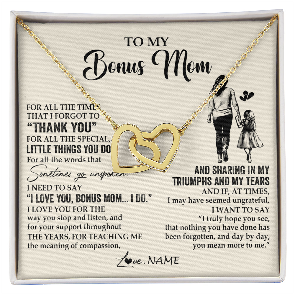 Interlocking Hearts Necklace 18K Yellow Gold Finish | 1 | Personalized To My Bonus Mom Necklace From Stepdaughter For All The Times That I Forgot To Thank You Birthday Mothers Day Customized Gift Box Message Card | siriusteestore