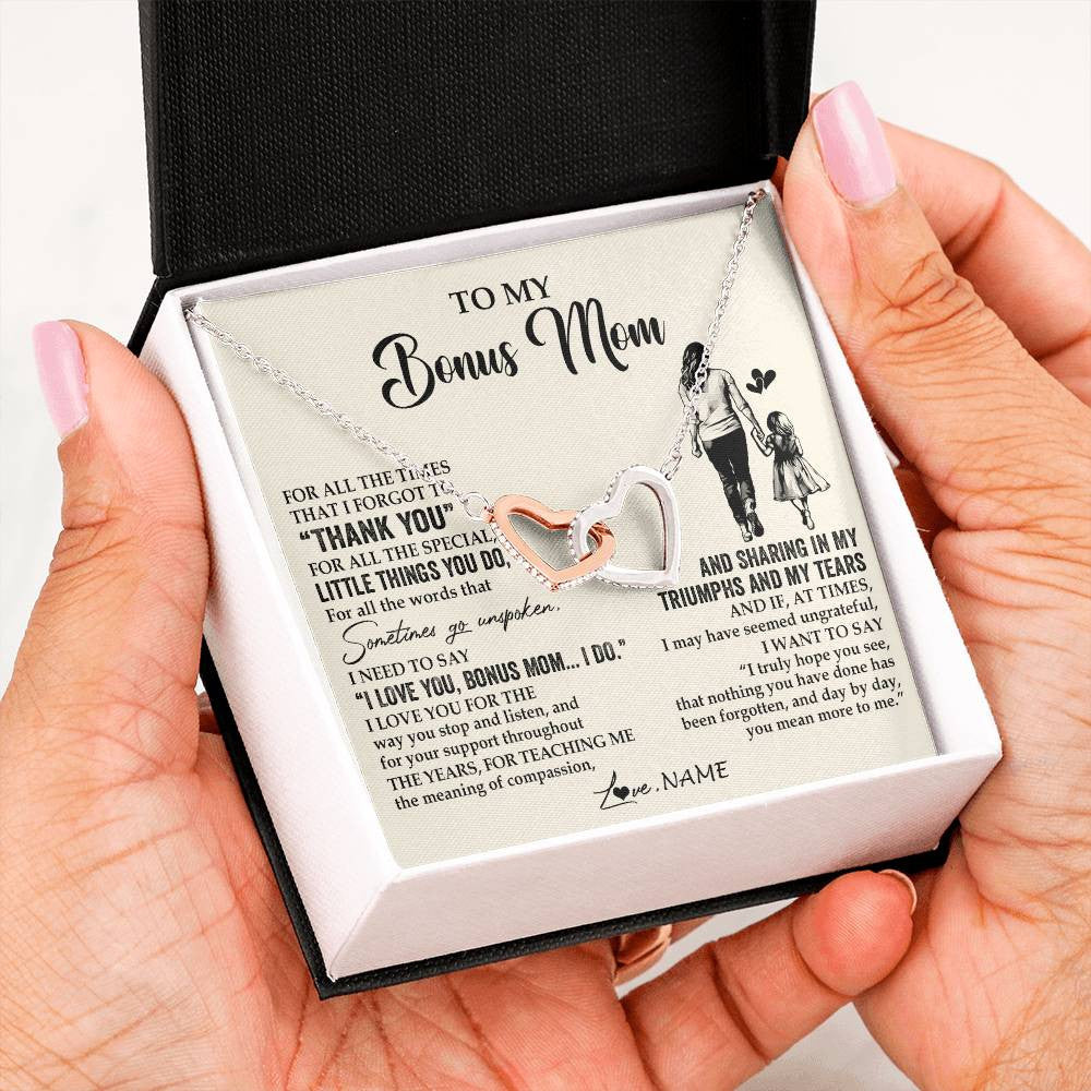 Interlocking Hearts Necklace Stainless Steel & Rose Gold Finish | 2 | Personalized To My Bonus Mom Necklace From Stepdaughter For All The Times That I Forgot To Thank You Birthday Mothers Day Customized Gift Box Message Card | siriusteestore