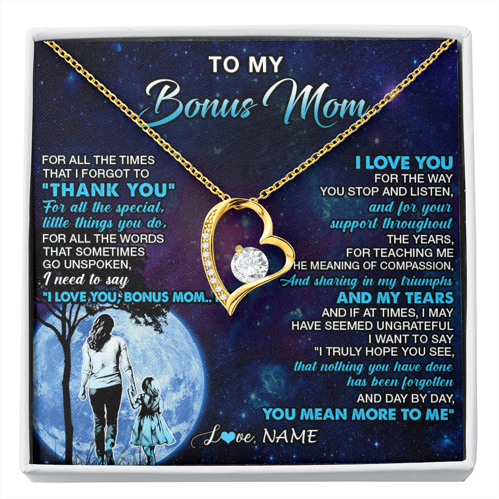 Forever Love Necklace 18K Yellow Gold Finish | 1 | Personalized To My Bonus Mom Necklace From Stepdaughter Thank You Day By Day Stepmom Birthday Gifts Mothers Day Christmas Customized Gift Box Message Card | siriusteestore