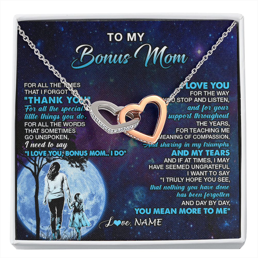 Interlocking Hearts Necklace Stainless Steel & Rose Gold Finish | 1 | Personalized To My Bonus Mom Necklace From Stepdaughter Thank You Day By Day Stepmom Birthday Gifts Mothers Day Christmas Customized Gift Box Message Card | siriusteestore