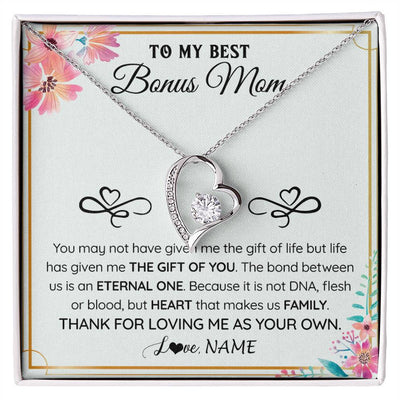Forever Love Necklace 14K White Gold Finish | 1 | Personalized To My Bonus Mom Necklace From Stepdaughter Thank You For Loving Stepmom Jewelry Pendant Birthday Gifts Christmas Customized Gift Box Message Card | siriusteestore