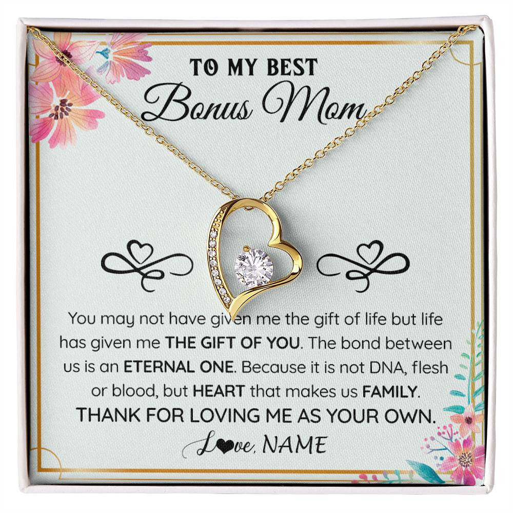 Forever Love Necklace 18K Yellow Gold Finish | 1 | Personalized To My Bonus Mom Necklace From Stepdaughter Thank You For Loving Stepmom Jewelry Pendant Birthday Gifts Christmas Customized Gift Box Message Card | siriusteestore