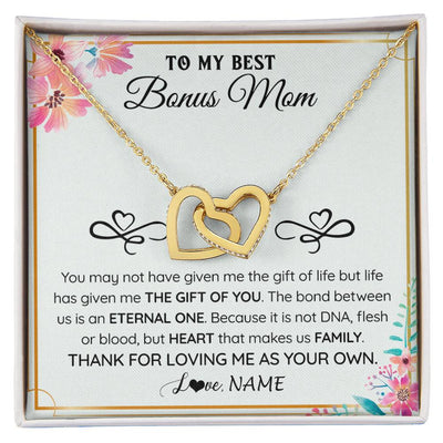 Interlocking Hearts Necklace 18K Yellow Gold Finish | 1 | Personalized To My Bonus Mom Necklace From Stepdaughter Thank You For Loving Stepmom Jewelry Pendant Birthday Gifts Christmas Customized Gift Box Message Card | siriusteestore