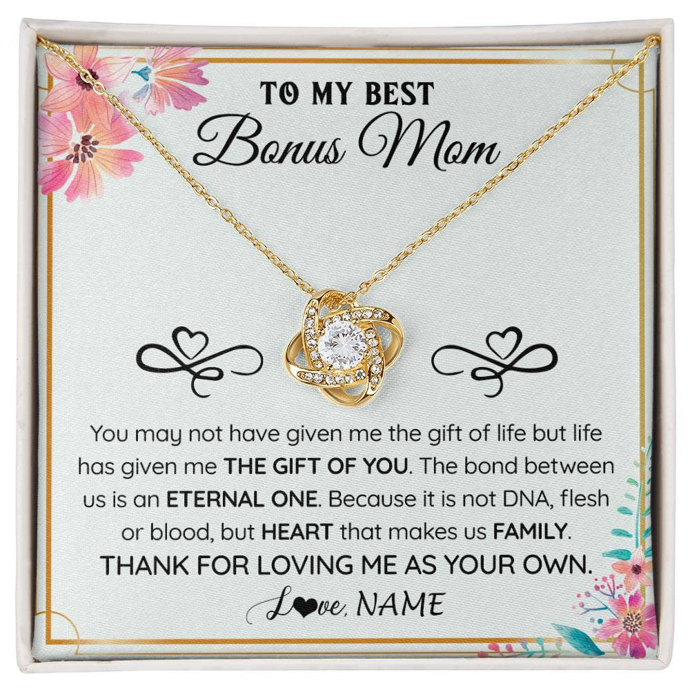 Love Knot Necklace 18K Yellow Gold Finish | 1 | Personalized To My Bonus Mom Necklace From Stepdaughter Thank You For Loving Stepmom Jewelry Pendant Birthday Gifts Christmas Customized Gift Box Message Card | siriusteestore