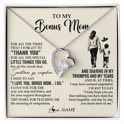 Forever Love Necklace 14K White Gold Finish | 1 | Personalized To My Bonus Mom Necklace From Stepson For All The Times That I Forgot To Thank You Birthday Mothers Day Christmas Customized Gift Box Message Card | siriusteestore