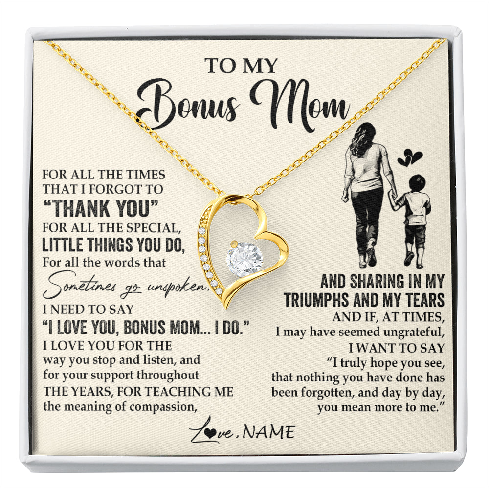 Forever Love Necklace 18K Yellow Gold Finish | 1 | Personalized To My Bonus Mom Necklace From Stepson For All The Times That I Forgot To Thank You Birthday Mothers Day Christmas Customized Gift Box Message Card | siriusteestore