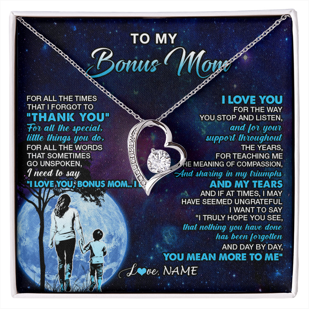 Forever Love Necklace 14K White Gold Finish | 1 | Personalized To My Bonus Mom Necklace From Stepson Thank You Day By Day Stepmom Birthday Gifts Mothers Day Christmas Customized Gift Box Message Card | siriusteestore
