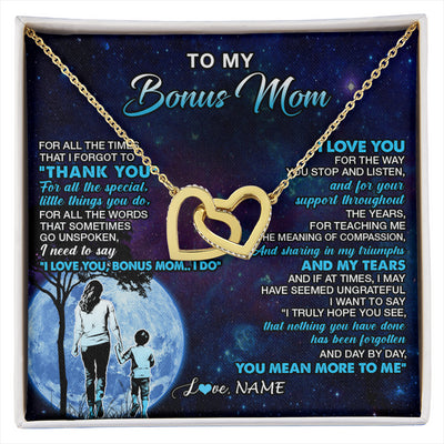 Interlocking Hearts Necklace 18K Yellow Gold Finish | 1 | Personalized To My Bonus Mom Necklace From Stepson Thank You Day By Day Stepmom Birthday Gifts Mothers Day Christmas Customized Gift Box Message Card | siriusteestore