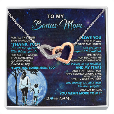 Interlocking Hearts Necklace Stainless Steel & Rose Gold Finish | 1 | Personalized To My Bonus Mom Necklace From Stepson Thank You Day By Day Stepmom Birthday Gifts Mothers Day Christmas Customized Gift Box Message Card | siriusteestore