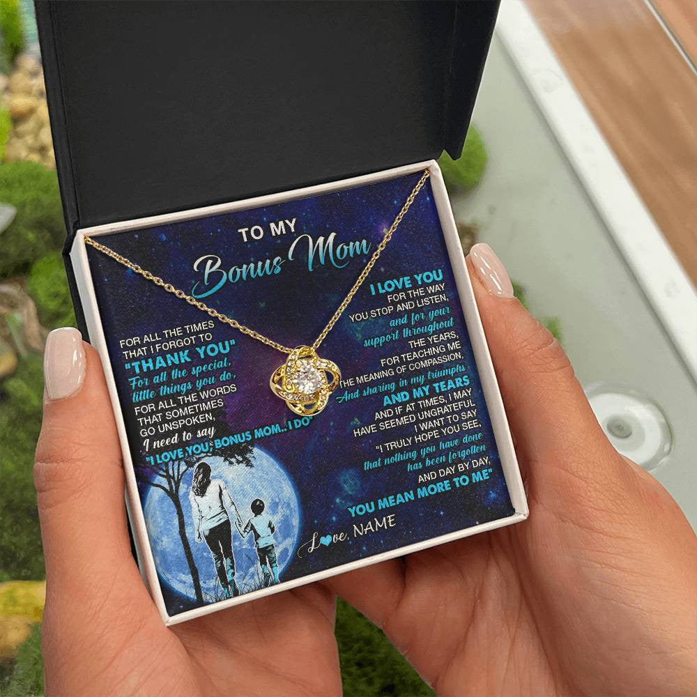 Love Knot Necklace 18K Yellow Gold Finish | 2 | Personalized To My Bonus Mom Necklace From Stepson Thank You Day By Day Stepmom Birthday Gifts Mothers Day Christmas Customized Gift Box Message Card | siriusteestore